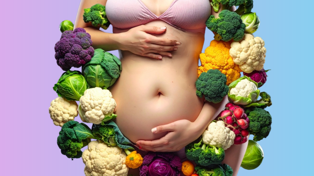 Cruciferous vegetables can cause trapped gas, this shows a bloated stomach surrounded by broccoli, cabbage, cauliflower